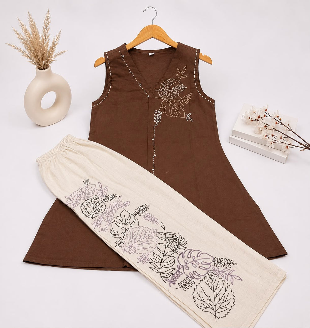 Vastraanii Women’s Brown Embroidered Kurta with Printed Palazzo Set