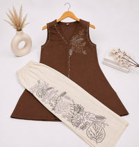 Vastraanii Women’s Brown Embroidered Kurta with Printed Palazzo Set