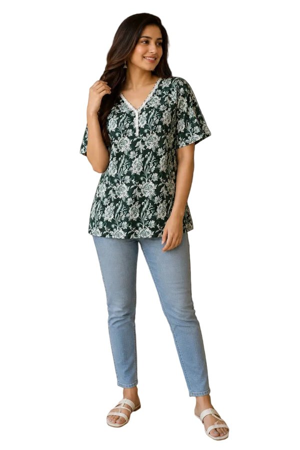 Vastraanii Women's Green Floral Printed Cotton Top with Lace Neck