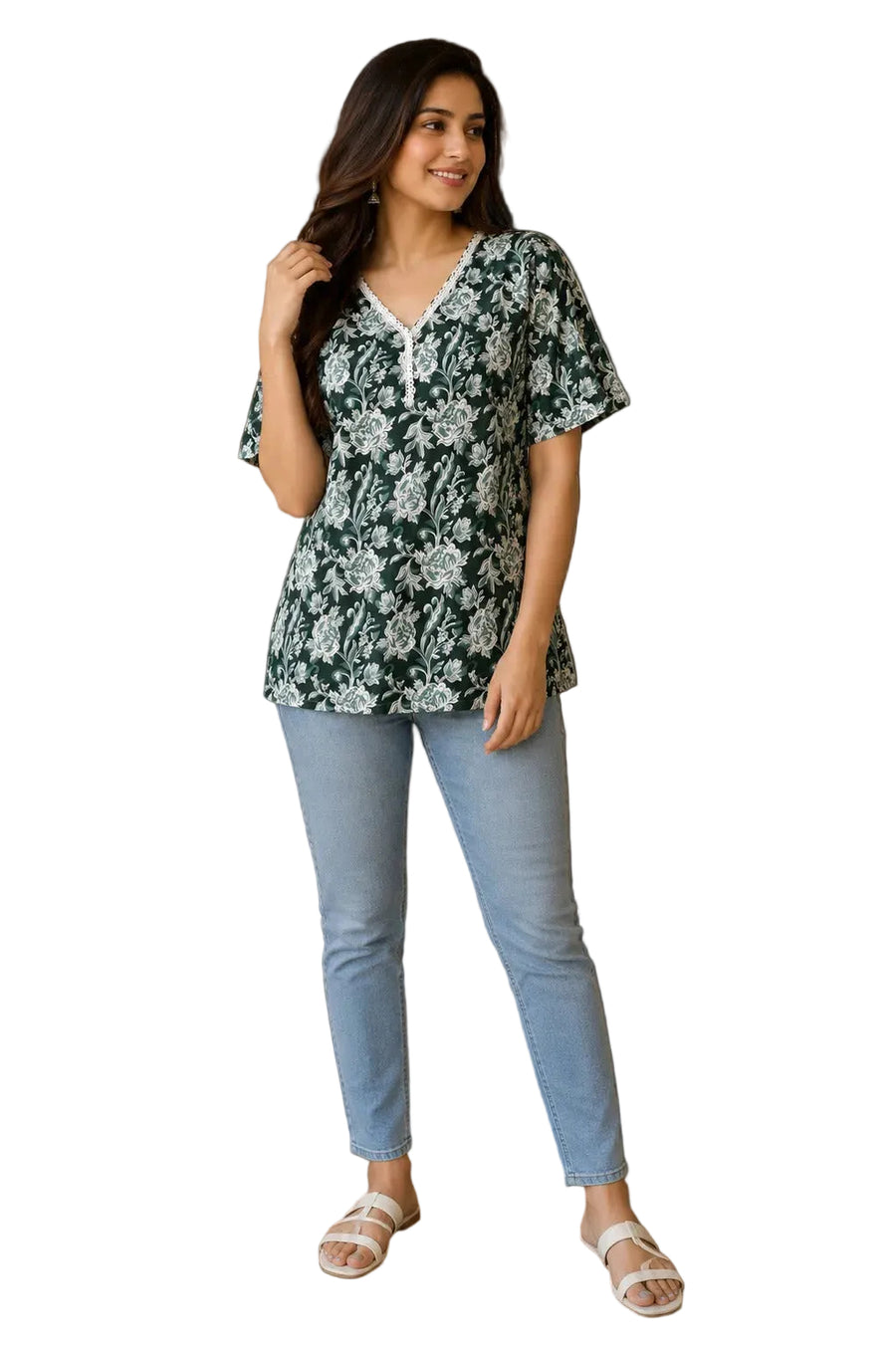 Vastraanii Women's Green Floral Printed Cotton Top with Lace Neck