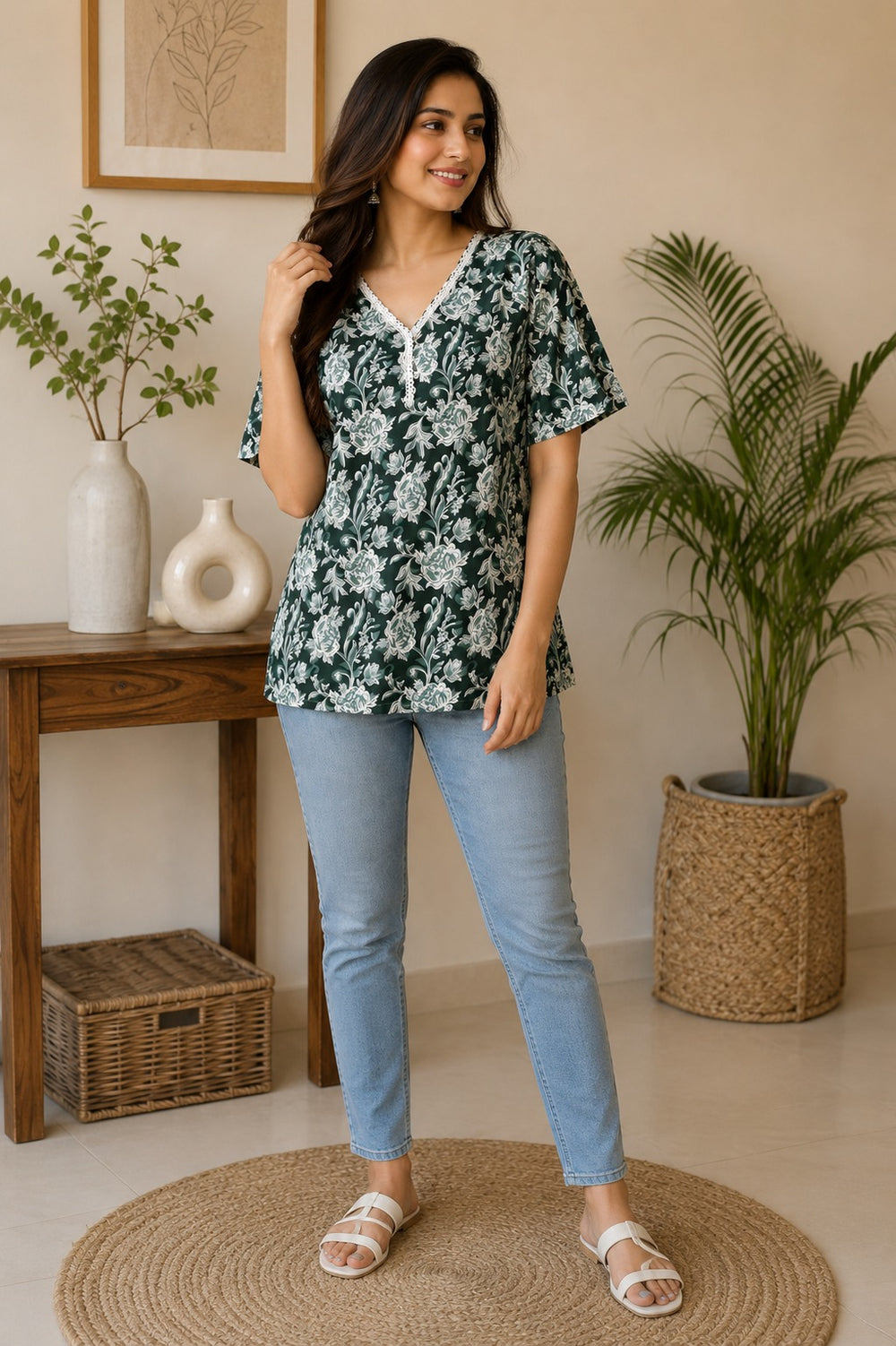 Vastraanii Women's Green Floral Printed Cotton Top with Lace Neck