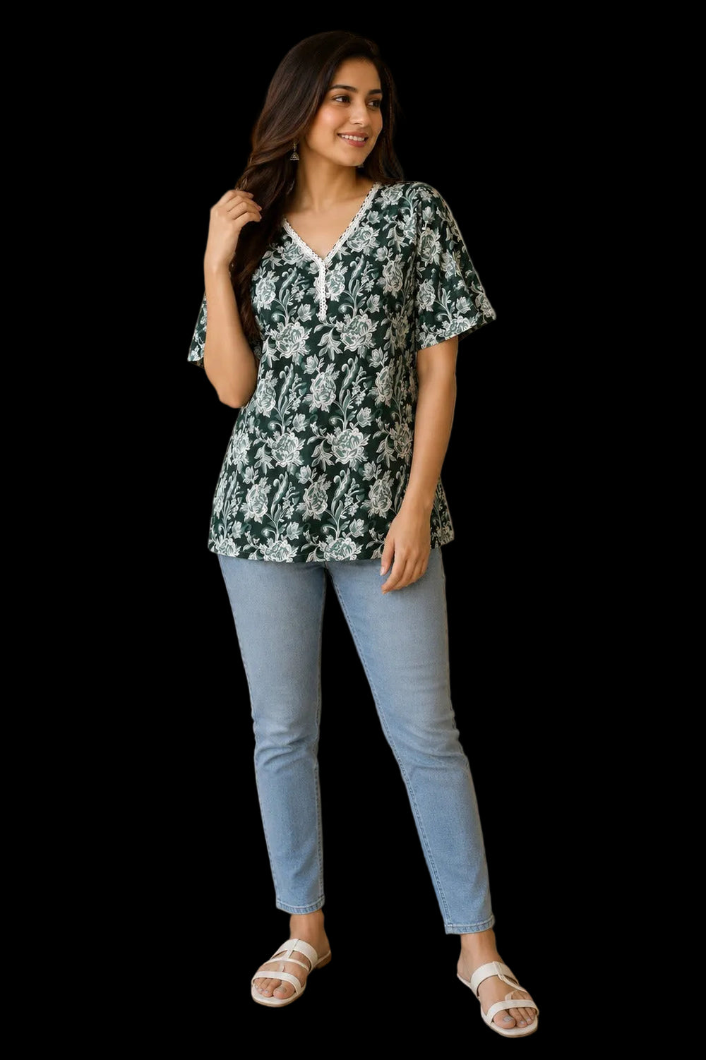 Vastraanii Women's Black Floral Printed Cotton Top with Lace V-Neck