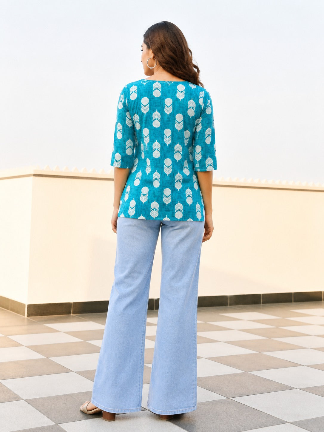 Women's Teal Blue Printed Cotton Short Kurti | Round Neck | 3/4 Sleeves | Regular Fit | Casual Ethnic Top