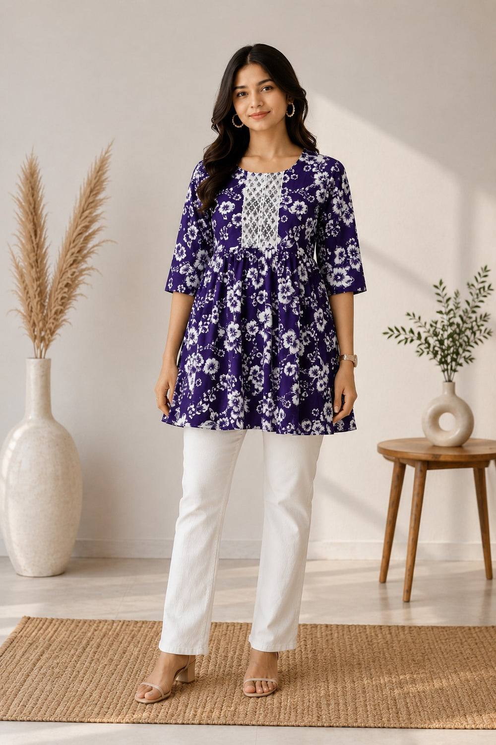 Vastraanii Women's Purple Floral Printed Cotton Peplum Top with Tie-Up Back