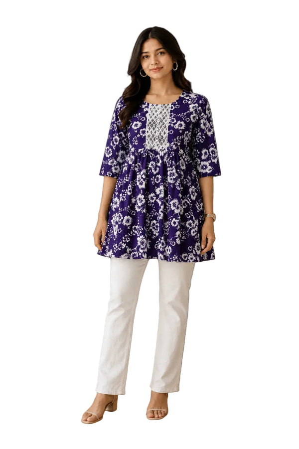 Vastraanii Women's Purple Floral Printed Cotton Peplum Top with Tie-Up Back