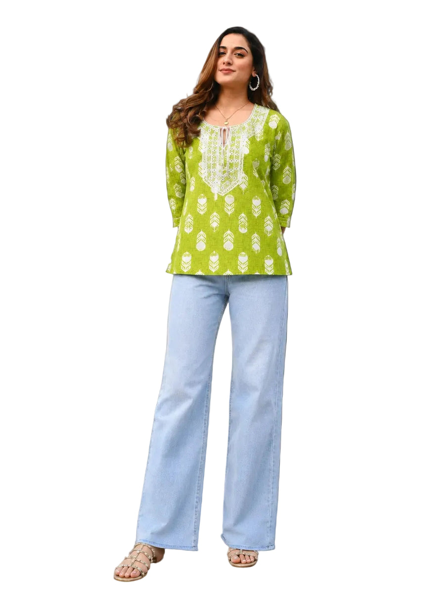 Vastraanii Women's Green Ethnic Printed Cotton Top with Embroidered Yoke