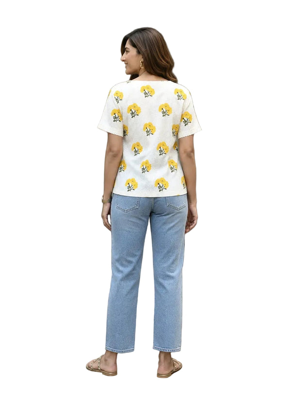 Vastraanii Women's White & Yellow Floral Printed Cotton V-Neck Top