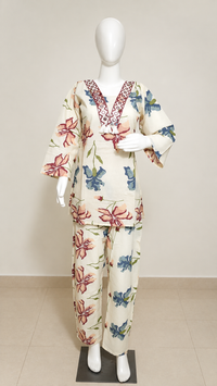 Vastraanii Floral Printed Co-Ord Set for Women Cream