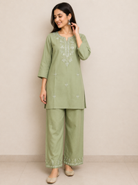 Vastraanii Women’s Olive Green Embroidered Co-Ord Set