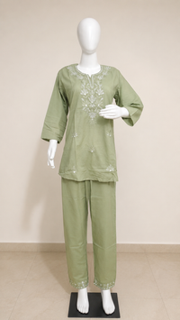 Vastraanii Women’s Olive Green Embroidered Co-Ord Set