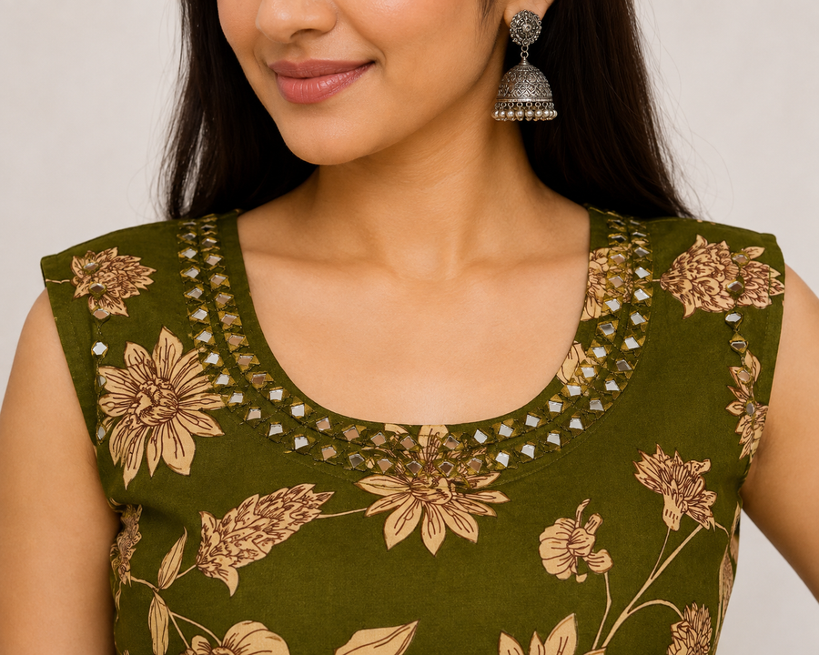 Olive Green Floral Printed Palazzo Pants for Women