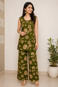 Olive Green Floral Printed Palazzo Pants for Women