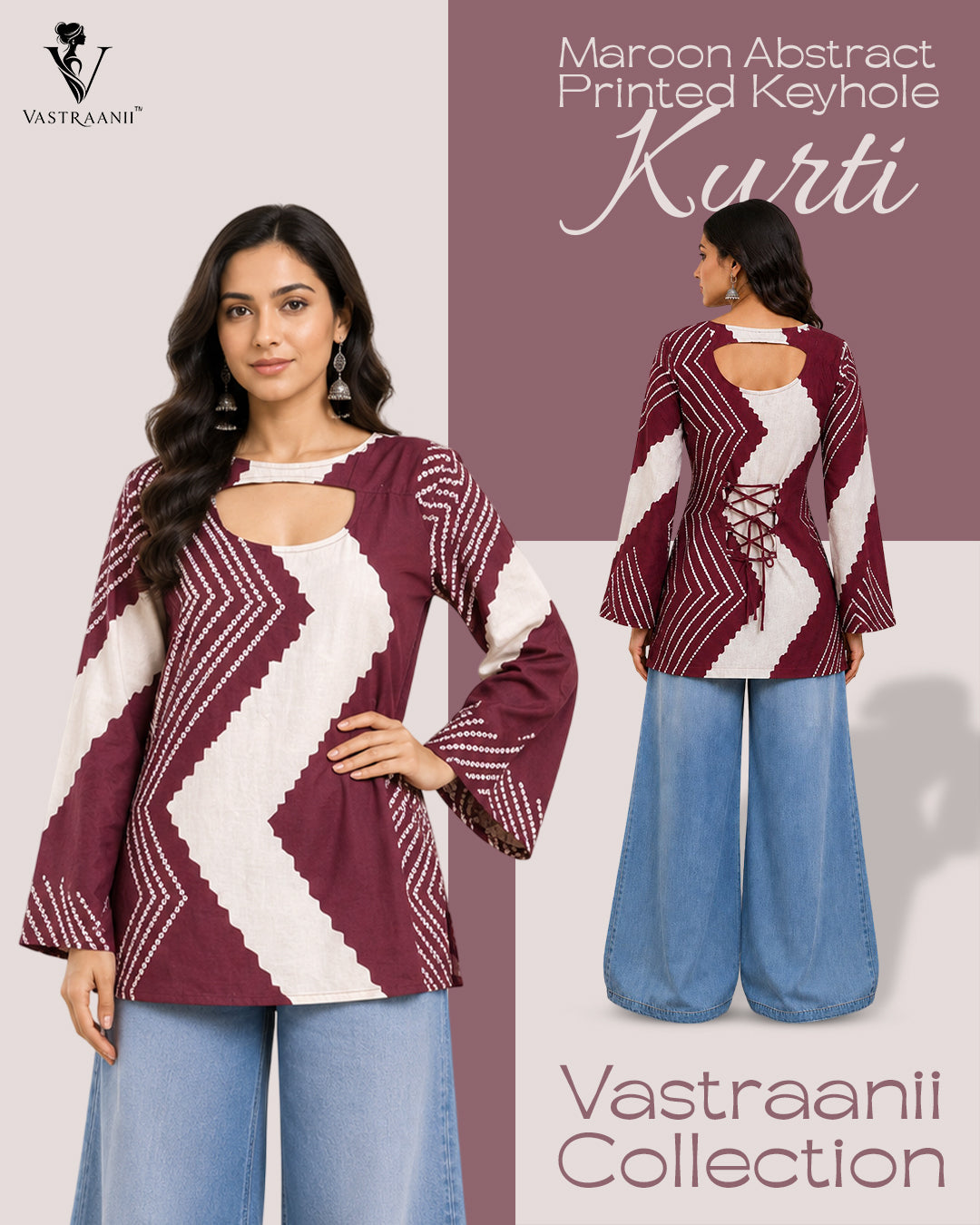 Vastraanii Maroon Abstract Printed Keyhole Neck Short Kurti for Women | Bell Sleeves Designer Ethnic Top