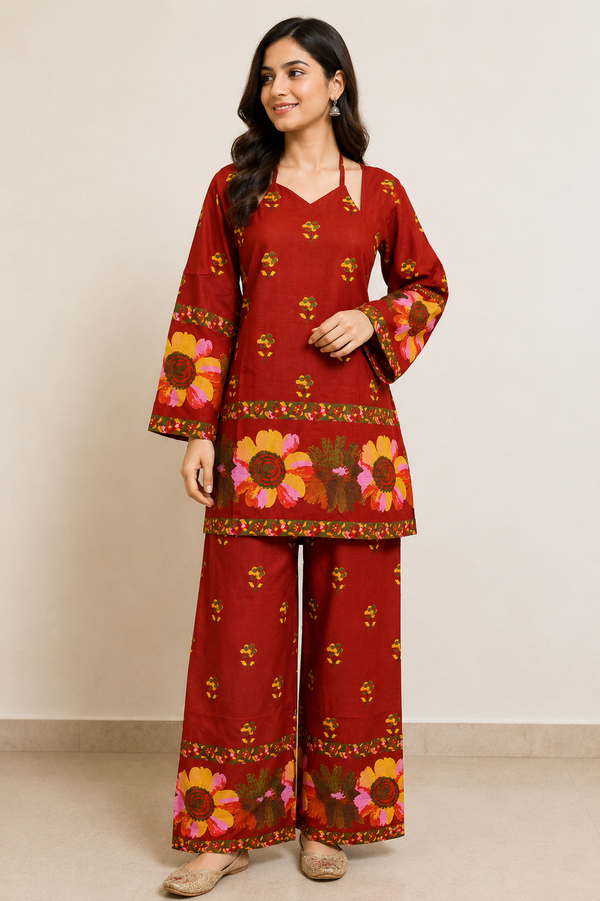 Vastraanii Floral Printed Women’s Co-Ord Set – Red