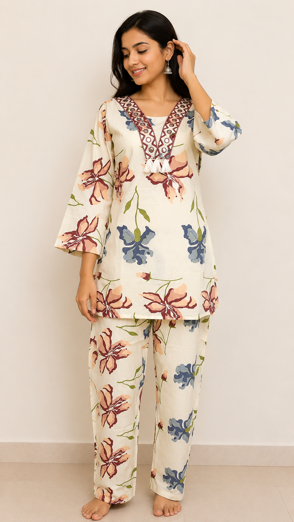 Vastraanii Floral Printed Co-Ord Set for Women Cream