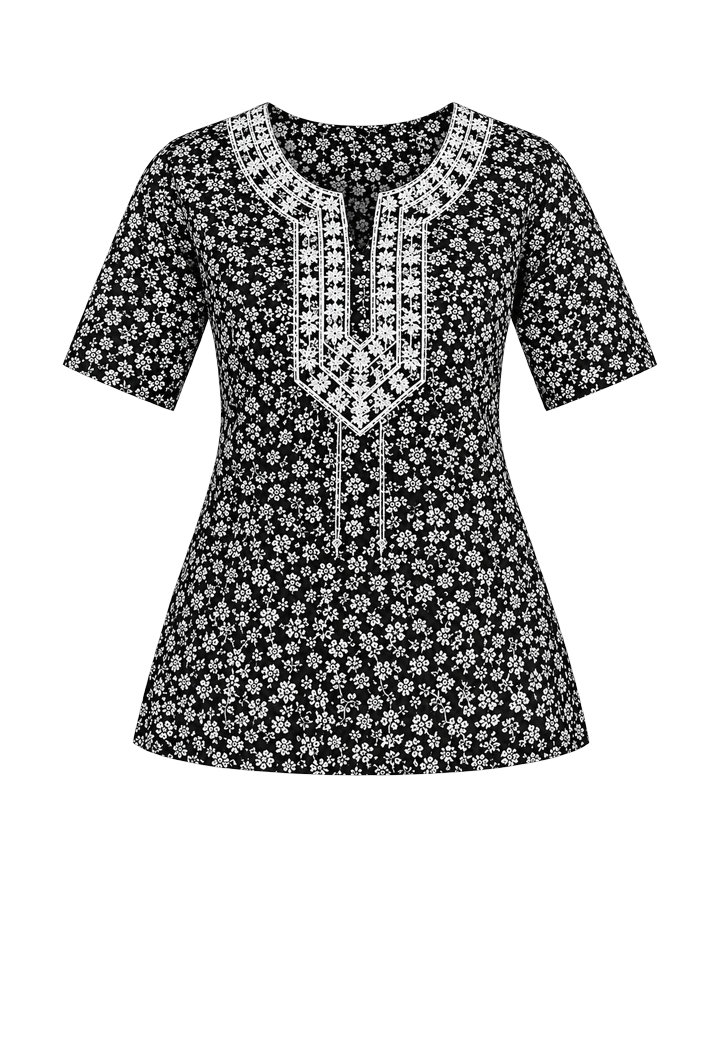 Black Floral Embroidered Tunic Top