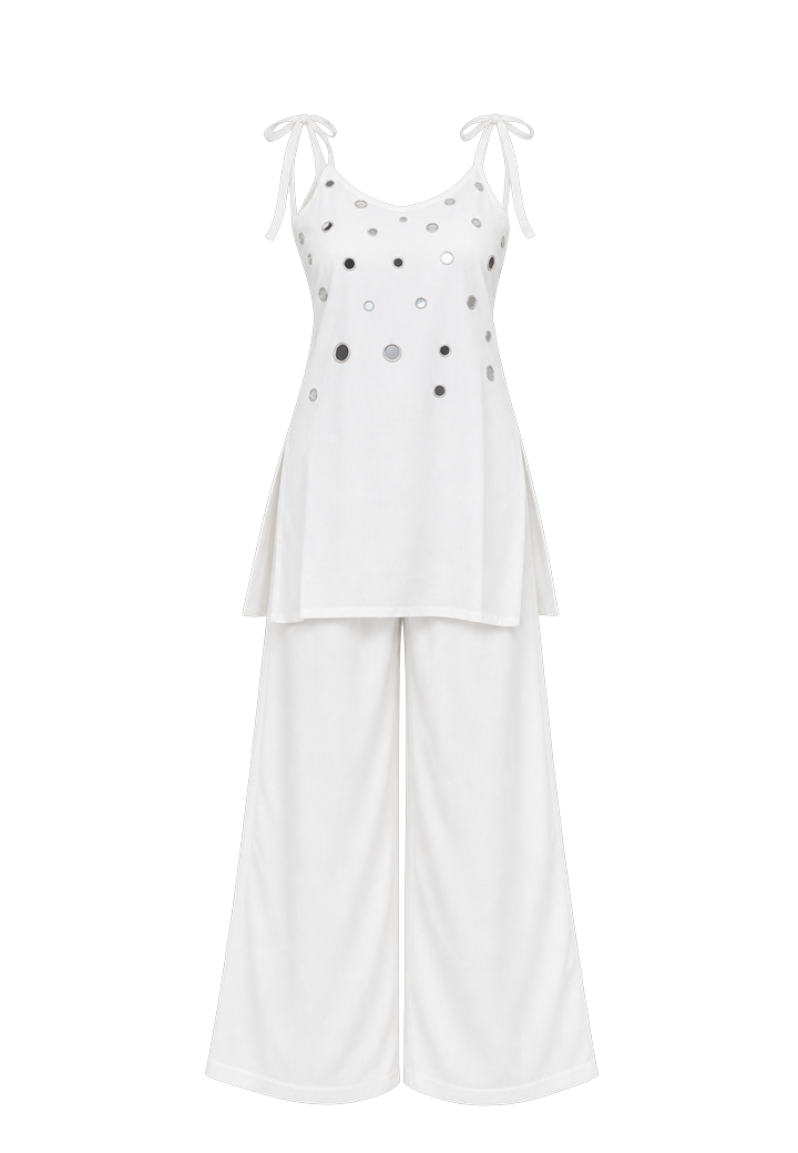 White Sequin-Trimmed Camisole & Palazzo Set